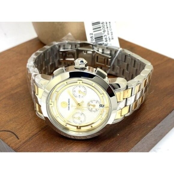 Tory Burch Women's Watch TBW1052 Quartz Chronograph Cream Dial Two Tone Steel - Picture 8 of 14